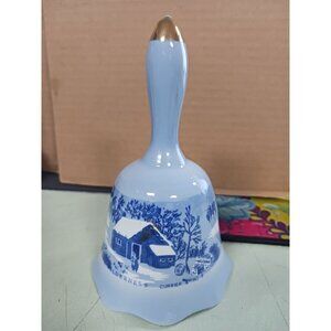 Currier & Ives Blue Porcelain Bell "Home In The Wilderness" 5.5in Tall Vintage